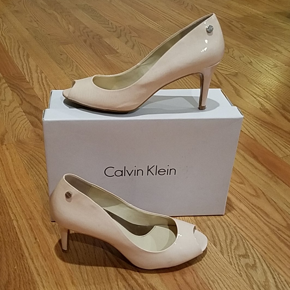 Calvin Klein Kasia Peep Toe Pumps Pale Pink Patent Leather